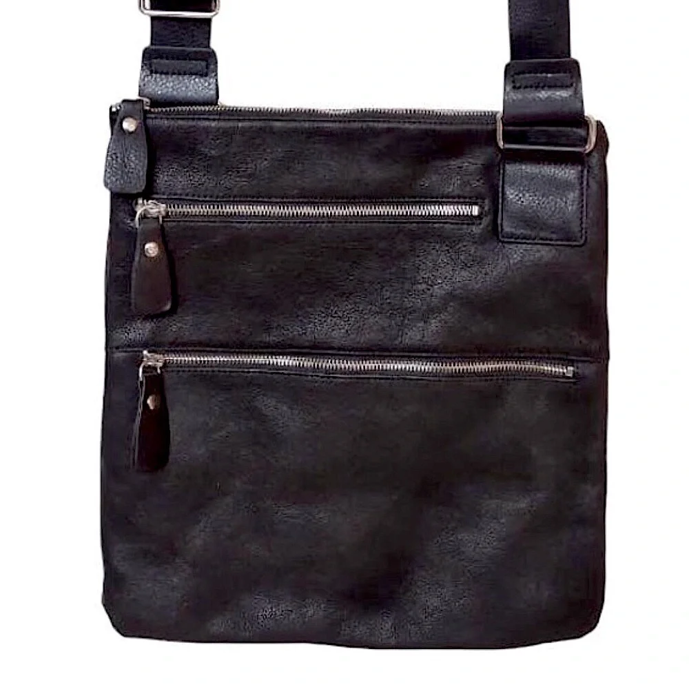 MARGOT Black Leather Messenger Bag 2 Ext. Front Zipper Pockets Top Zip Closure